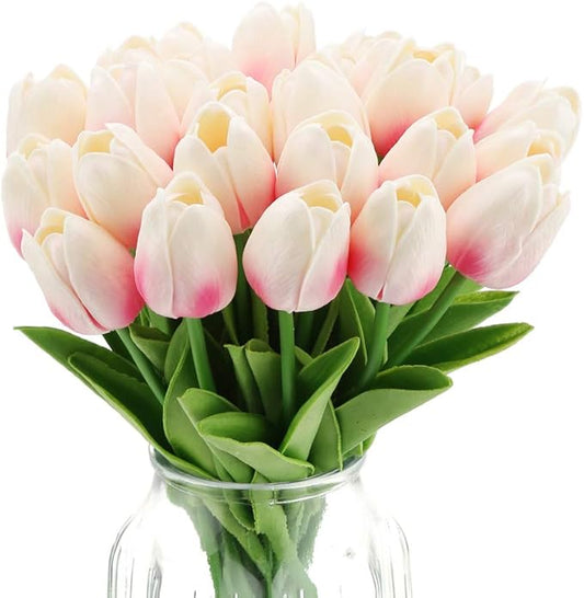 IPOPU 24PCS Pink Tulips Artificial Flowers Light Pink Tulips Fake Flowers for Tulip Flower Arrangements Home Decor Wedding Bridal Bouquet Party Baby Shower Centerpieces (Light Pink)