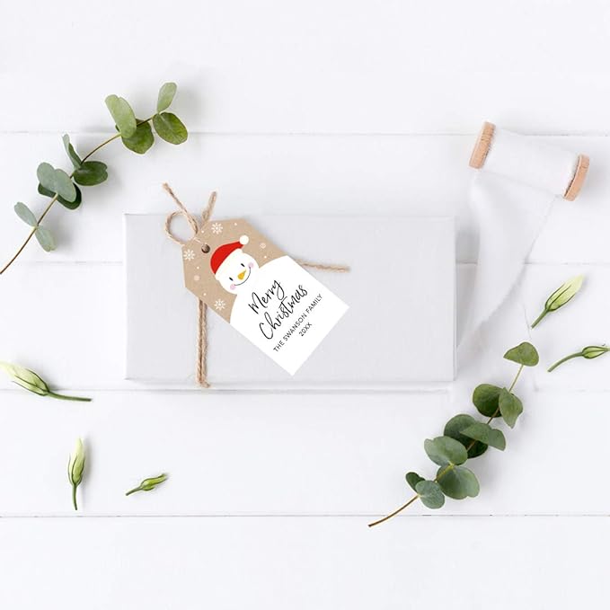 Andaz Press Personalized Christmas Holiday Season Classic Gift Tags, Merry Christmas Custom Family Name and Year, Happy Snowman with Santa Hat Design, for Holiday Events, Parties, and Favors, 60-Pack