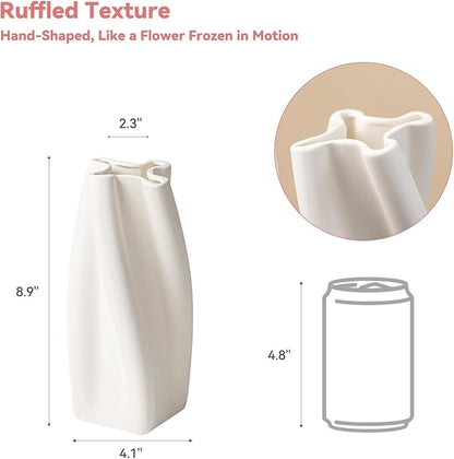 White Ceramic Vase with Ruffled Texture - 8.9" Unique Flower Vase for Pampas Grass & Centerpieces, Decorative Boho/Farmhouse Vase for Living Room, Office Desk & Housewarming Gift (for Her/Yourself)