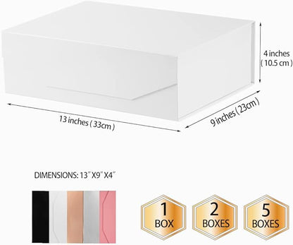 5 White Large Gift Boxes with Lid 13x9x4 Inches, Bridesmaid Proposal Boxes, Hard Collapsible Gift Box with Magnetic Closure, Groomsman Box Reusable Gift Boxes for Clothes (Glossy White)