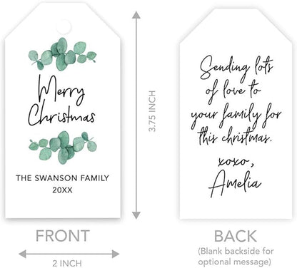 Andaz Press Personalized Christmas Holiday Season Classic Gift Tags, Merry Christmas Custom Family Name and Year, Eucalyptus Leaves Design, for Holiday Events, Parties, and Favors, 60-Pack