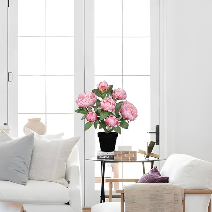 Hollyone Pink Fake Peonies Artificial Flowers in Pot 16.9" Small Peonies Tree Indoor Outdoor Faux Plants & Flowers Peony Silk Flowers Potted Plant Artificial Peony Floral Arrangement Desk Home Decor