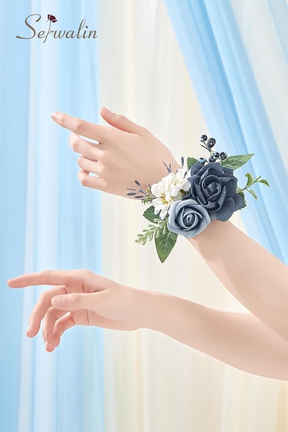 Serwalin Dusty Blue Corsage and Boutonniere Set 2pcs, 6-7inch Boutonniere and Wrist Corsage Wristband Prom Flower Wedding Flowers Accessories Prom Suit Decorations Cake Tppper