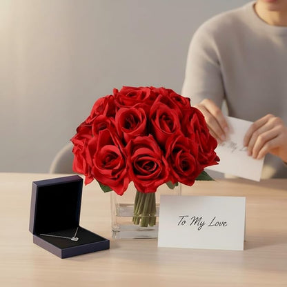 18 Heads Artificial Rose Flowers in Vase, Fake Rose Floral Arrangement in Vase with Fake Water for Dining Table Wedding Home Decor (Red)