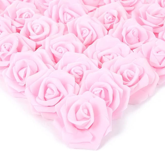 IPOPU Artificial Rose Flower Heads, 100pcs Real Looking Light Pink Foam Fake Roses for DIY Wedding Baby Shower Centerpieces Arrangements Party Tables Home Decorations (Light Pink, Stemless)