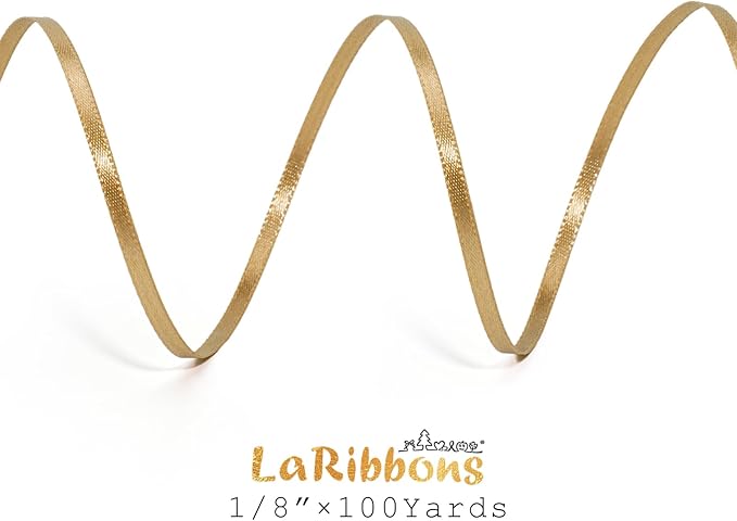 LaRibbons Gold Satin Ribbon 1/8 Inch 100 Yards Thin Luxury Double Faced Pale Gold Silk Ribbon for Flower Bouquet Crafts Gift Wrapping Wedding Christmas Decoration