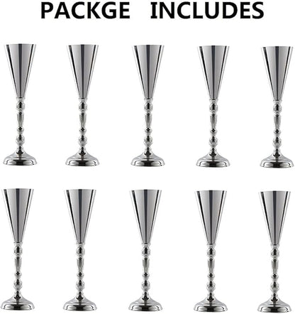 10pcs Tabletop Metal Wedding Flower Trumpet Vase Wedding Centerpiece Flower Vase for Wedding Event Decoration Living Decor Party Decor (Silver, 10×L)