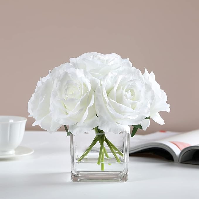 7 Large Stem Rose Artificial Flowers in Vase, Silk Floral Arrangement in Vase with Fake Water for Home Decor, Wedding Table (Cream)