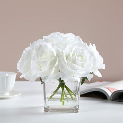 7 Large Stem Rose Artificial Flowers in Vase, Silk Floral Arrangement in Vase with Fake Water for Home Decor, Wedding Table (Cream)