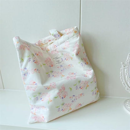 Cotton Canvas Tote Bag Reusable Soft Grocery Cloth Bag Floral Shoulder Bag for Beach Travel Shopping