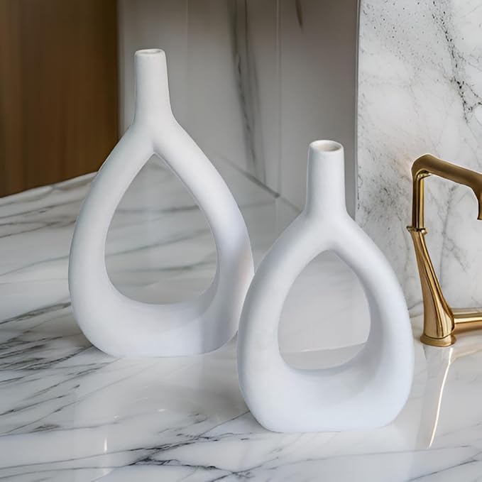 Ajuny Oval Vase Set of 2 – White Ceramic Decorative Vases, Farmhouse Style Modern Accent for Wall Decor, Bedroom, Living Room, Coffee Table, Office