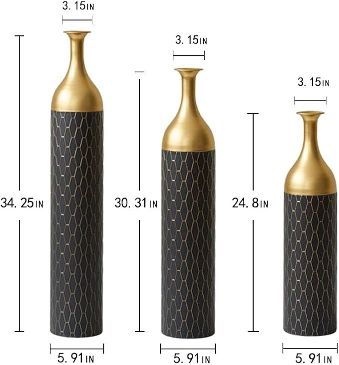 Floor Oversized Gold Metal Decorative Vase with 3D Triangle Pattern Set of 3 Large Vases for Home Living Room 33.5 ", 29.5 ", 25.2" High (Matte Black)