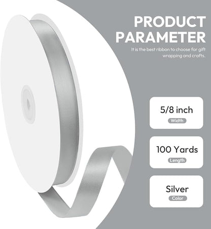 5/8" x 100 Yards Satin Ribbon - Silver Silk Ribbon with Spool - Ideal for Gift Wrapping, Floral Bouquets, Crafts, Wedding Party Decorations, Christmas and Sewing Projects