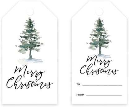 Andaz Press Christmas Holiday Season Classic Gift Tags, Merry Christmas to from Classic Favor Tags, Watercolor Christmas Tree with Snow Design, for Holiday Events, Parties, and Favors, 60-Pack