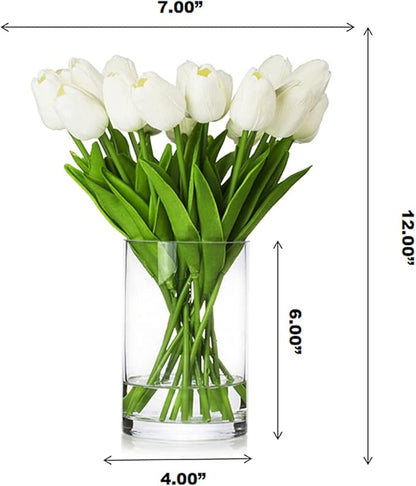 ENOVA FLORAL 20 Heads White Tulips Real Touch Artificial Flowers in Vase, Fake Tulips Flowers with Vase and Faux Water for Dining Table Decoration, Home Wedding (White)