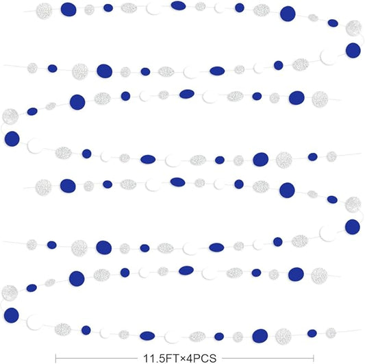 46 Feet Navy Blue White and Silver Circle Dots Garland Royal Blue Hanging Paper Polka Dots Streamer for Birthday Wedding Bridal Baby Shower Nautical Ahoy Achor Pirate Theme Party Decorations Supplies