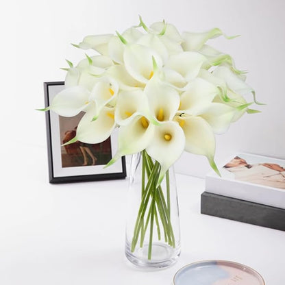 24 Pcs White Artificial Flowers Fake White Calla Lily Silk Flower Real Touch for Wedding Office Home Kitchen Decor