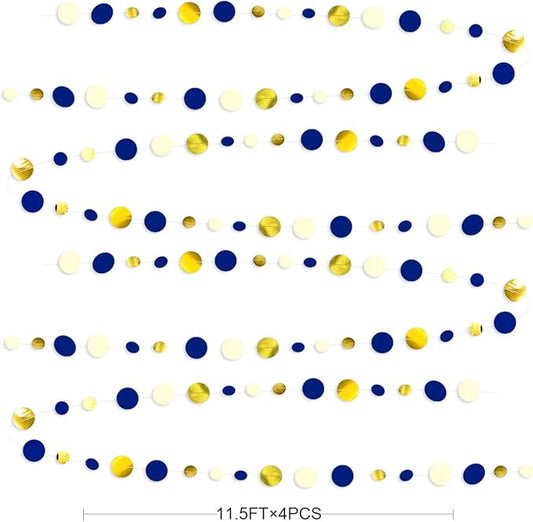 46 Ft Navy Blue and Gold Circle Dots Garland Royal Blue Hanging Paper Polka Dot Streamer for Birthday Wedding Bridal Baby Shower Graduations Nautical Ahoy Achor Pirate Theme Party Decorations Supplies