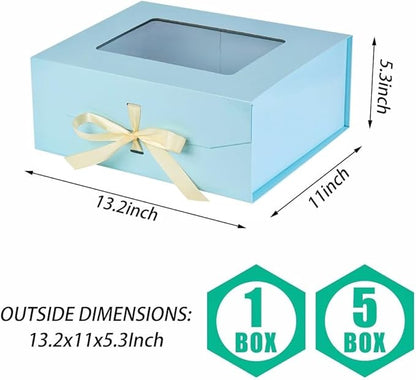 5 Pcs Blue Gift Box for Presents with Ribbon 13.2x11x5.3 Inches Clear Gift Box with Window Magnetic Closure Gift Boxes with Lids