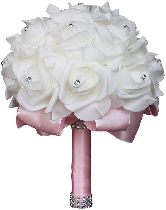 Wedding Bouquet, Pink Bouquet for Bride Bridesmaid with Diamond Soft Ribbons, Artificial Rose Bridal Holding Flowers for Party Church