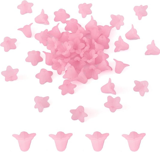 Crafans 50Pcs Frosted Acrylic Flower Beads Pink Floral Pendants Trumpet Flower Bead Caps Loose End Spacer Beads for Jewelry Making Supplies 17.5x12x1.5mm