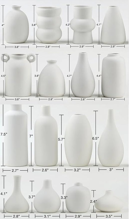 Set of 16 White Ceramic Bud Vases, Minimalist Boho Small Pampas Grass Flower Vase for Farmhouse Home Decor, Wedding Centerpiece, Shelf and Table Decoration