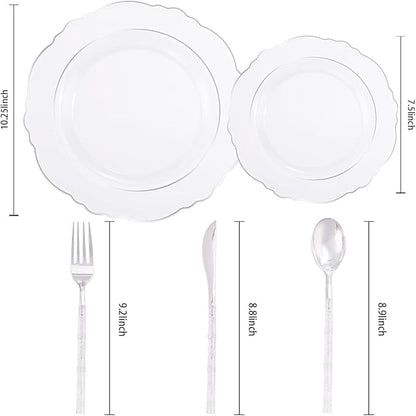 Liacere 150PCS Clear Silver Plastic Plates & Disposable Silver Plastic Silverware with Glitter Bamboo Handle Cutlery-Baroque Clear Disposable Plates for Wedding & Easter day & Mother's Day