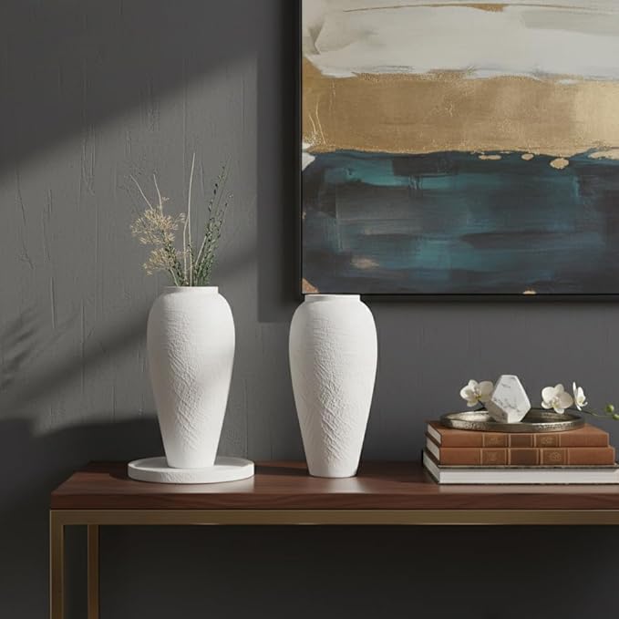 Vintage Ceramic Vase, Minimalist Texture Stone Patterned White Flower Vase, Decorative Vase for Living Room Shelf Farmhouse Dining Table Centerpiece Decor (White Texture 12.6'')