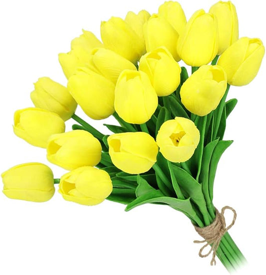 MACTING Artificial Tulips, 22Pcs Latex Tulips Artificial Flowers Bouquet for Party Home Wedding Decoration, Yellow