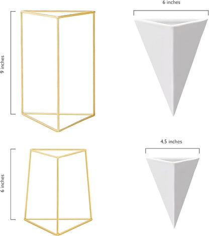 Modern Geometric Table Vases - Set of 2, 1 x Large, 1 x Small, White Ceramic Porcelain Style Baskets, with Decorative Brass Wire Frames - Accents Blue, Turquoise, and Yellow Flowers