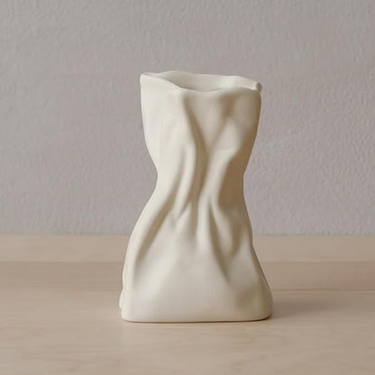 Grab Paper Bag Ceramic Vase, Crinkle Paper Bag Design for Flower Arrangement, Living Room, Dinner Table Decoration Matte Crème