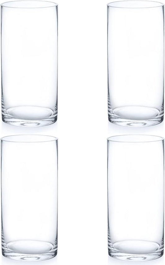 Enova Floral Clear Glass Flower Vase, 6W x 12H Inches Cylinder Vase, Pillar Candle Floating Candle Holders, Tall Cylinder Glass Vase for Flowers, Round Glass Vase for Home Decor, Wedding (Pack 4)