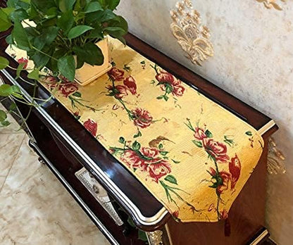Tache Floral Red Roses Birds Golden Woven Table Runner - Vintage Tapestry Botanical Kitchen Dining Dinner Linens Cloth - 13 x 54 inches