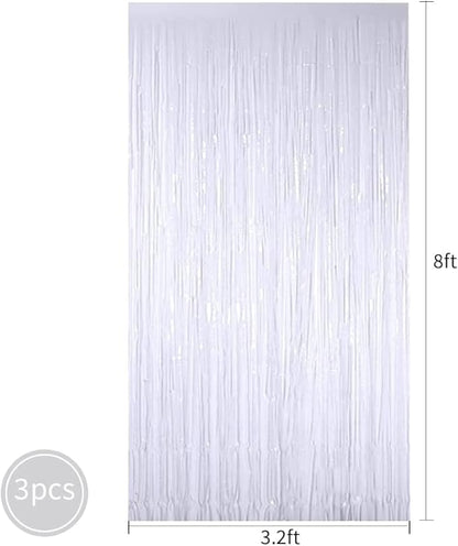 3Pcs White Metallic Tinsel Foil Fringe Curtains,3.2ft*8ft Gold Photo Booth Backdrop Streamer,Photo Booth Props,for Party Door Wall Curtains Bachelorette Birthday, Christmas,New Year Decorations