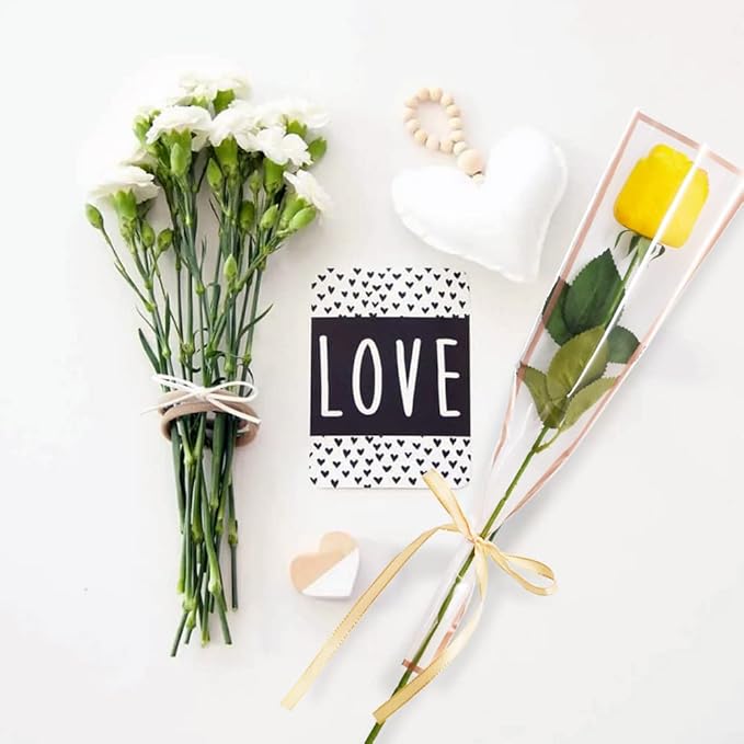BEISHIDA 50 PCS Single Rose Sleeve Bouquet Bags Plastic Single Flower Wrapping Rose Packaging For Father's Day Graduation Wedding Birthday Valentine's Day Party (White with Champagne Edging)