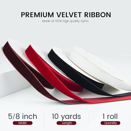 5/8" Wide x 10 Yards Velvet Ribbon, Vintage Single Face Velvet Ribbons for Gift Wrapping, Christmas Wrapping Bows, Wedding Decor, Sewing and More (Burgundy)