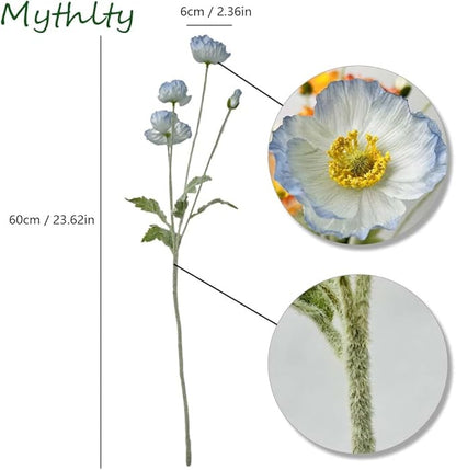 Set of 6 Light Blue Silk Poppy Flowers Artificial with Stems Silk Poppies Bouquet Faux Ranunculus Artificial Flowers for Wedding Party Home Office Indoor Decoration (Light Blue)