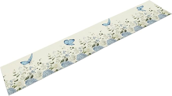 Floral Table Runner, Blue White Flower Butterfly Garden Spring Nature Decoration Table Runner for Kitchen Dining Home Party, 13x60 Inch