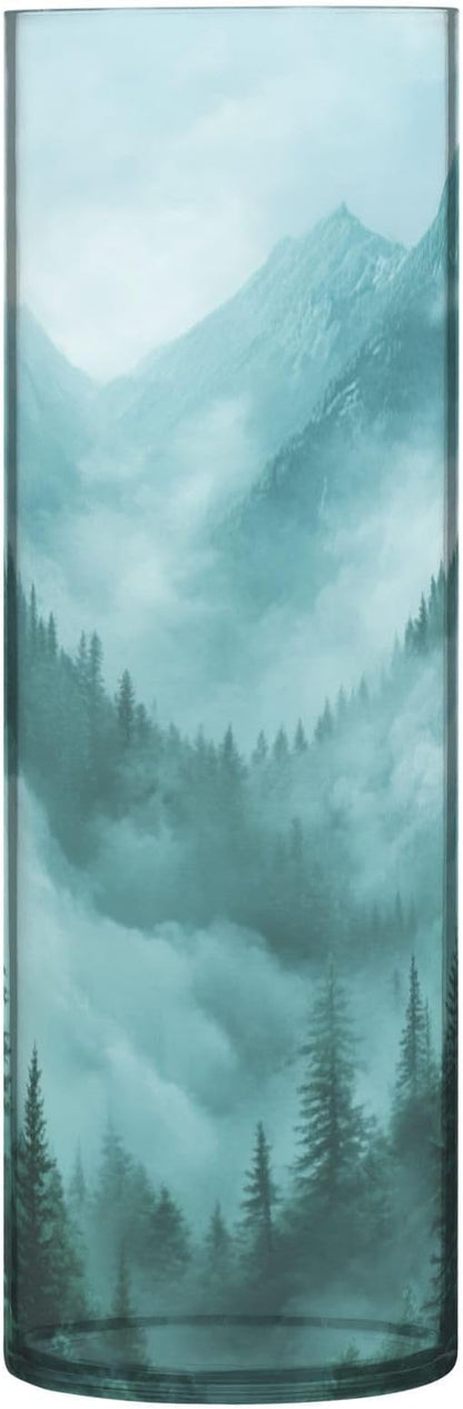 Flower Vase Clear Plastic Cylinder Vases Decor for Centerpieces Home Storage Office Weddings Foggy Green Mountains and Pine Trees 11.8 x 3.9 in