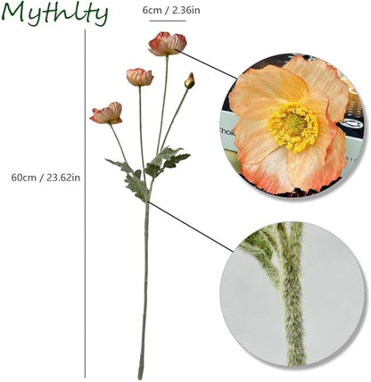 Set of 6 Poppies Flowers Artificial Silk Flowers with Long Stems Faux Wildflowers Bouquet for Vases Oil Pastel Style for Wedding Party Indoor Home Office Decor (Gradient Coral)