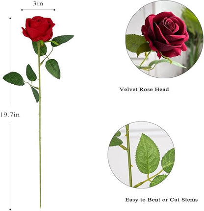 Artificial Roses 12PCS Velvet Rose Real Touch Long Stem Fake Flowers Bulk for Flower Arrangement Wedding Home Party Decor (Red)