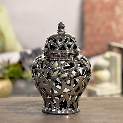 Urban Trends 21285 Ceramic Urn Vase with Cutout Triangle Design, Silver