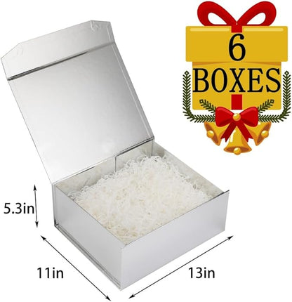 6 Pcs Silver Gift Box Large 13x11x5.3 Inch Silver Large Gift Box with Crinkle Paper Magnetic Box with Shredded Paper Luxury Gift Boxes with Lids for Presents