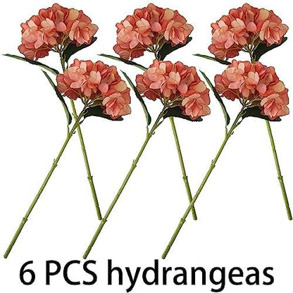 Coral Hydrangea Artificial Flowers,6 Pcs Faux Hydrangea Flowers,Artificial Hydrangeas Flowers with Stems,Fake Hydrangeas, Silk Flowers Color with Stems for Home Decor (6, Coral)