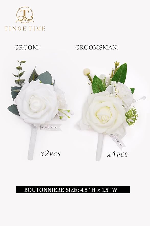TingeTime Boutonniere for Men Wedding,Groom and Best Man Boutonniere for Wedding Ceremony Anniversary, Formal Dinner Party and Rustic Spring Wedding Marriage (6, Virginal White)