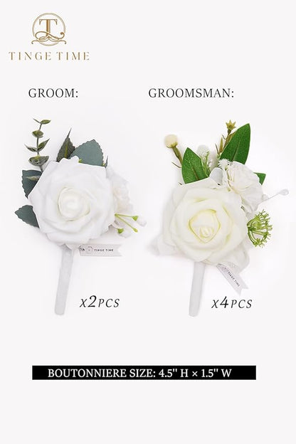 TingeTime Boutonniere for Men Wedding,Groom and Best Man Boutonniere for Wedding Ceremony Anniversary, Formal Dinner Party and Rustic Spring Wedding Marriage (6, Virginal White)