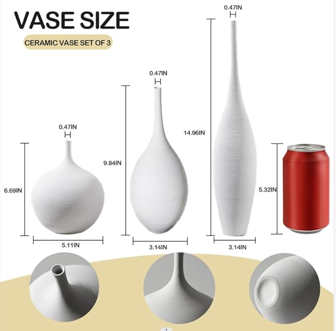 White Ceramic Vase Set of 3, Modern Boho Vases for Centerpiece Decor, Matte Minimalist Decorative White Vases Home Decor, for Living Room, Bookshelf, and Entryway Table Decor