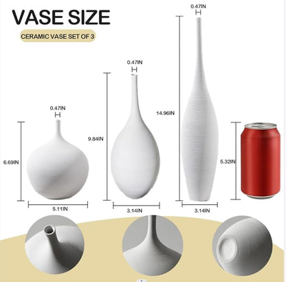 White Ceramic Vase Set of 3, Modern Boho Vases for Centerpiece Decor, Matte Minimalist Decorative White Vases Home Decor, for Living Room, Bookshelf, and Entryway Table Decor