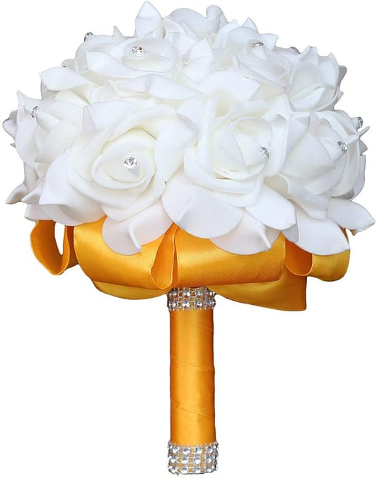 Wedding Bouquet, Gold Yellow Bouquet for Bride Bridesmaid with Diamond Soft Ribbons, Artificial Rose Bridal Holding Flowers for Party Church