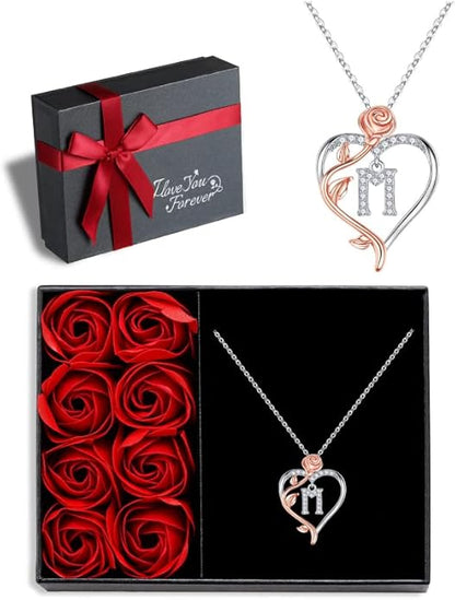 Iefil Christmas Gifts for Women Wife - 925 Sterling Silver Rose Heart Initial Necklace, Anniversary Birthday Gifts for Women, Jewelry Gift for Her Wife Girlfriend Mom Daughter